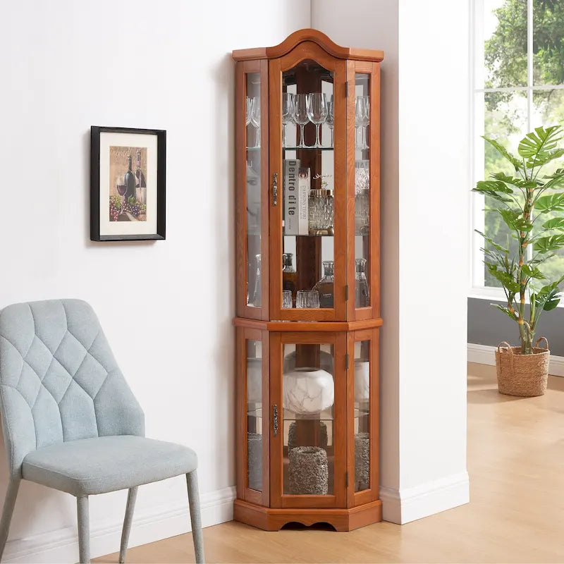 Lighted Glass Display Curio Cabinet with Tempered Glass Doors and Shelves, Corner Cabinet with Bulb
