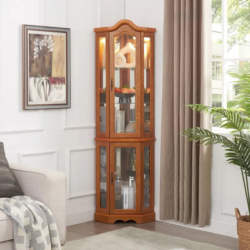 Lighted Glass Display Curio Cabinet with Tempered Glass Doors and Shelves, Corner Cabinet with Bulb