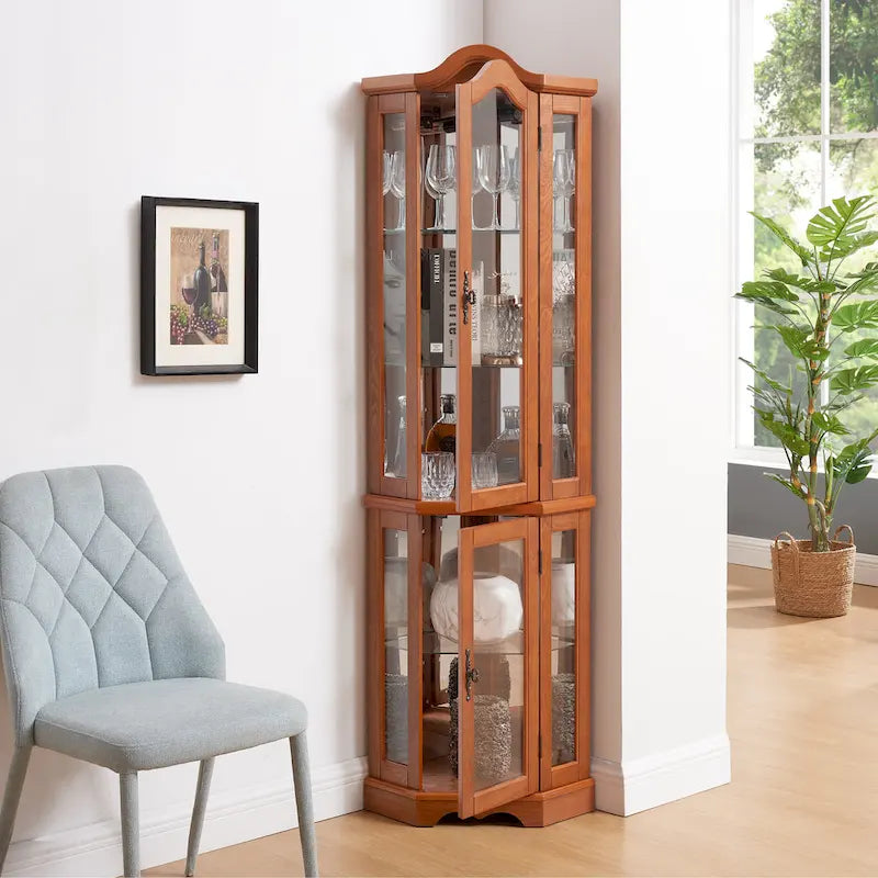 Lighted Glass Display Curio Cabinet with Tempered Glass Doors and Shelves, Corner Cabinet with Bulb