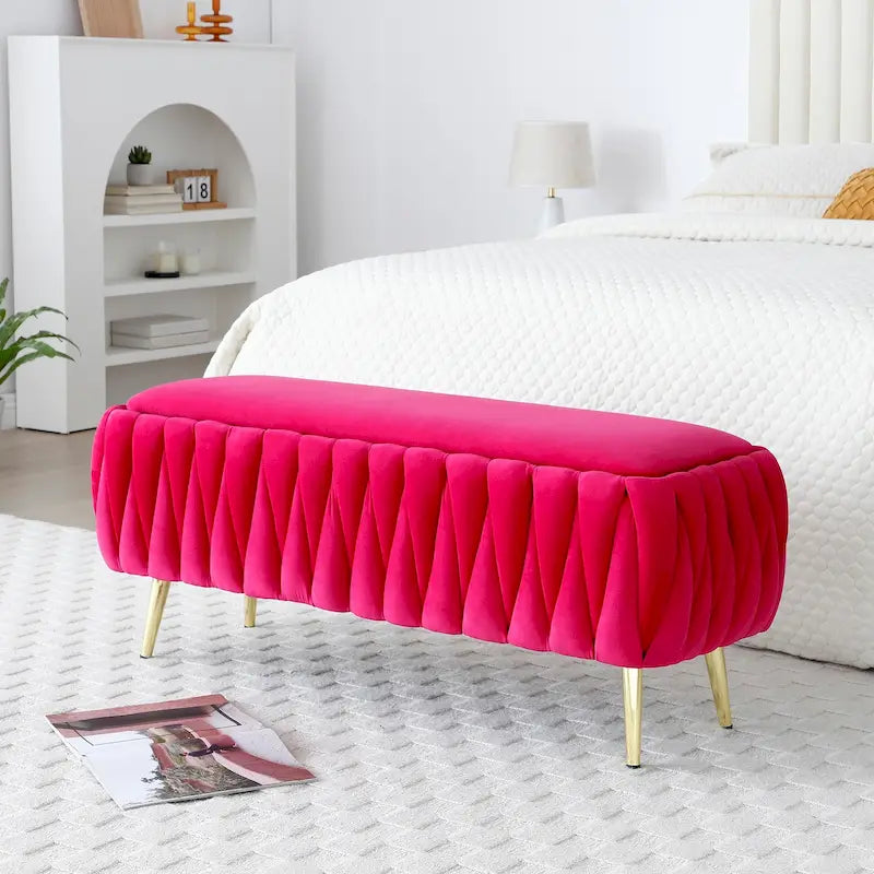 Oval Storage Bench with Gold Legs, Upholstered Ottoman Storage Bench for Bedroom End of Bed