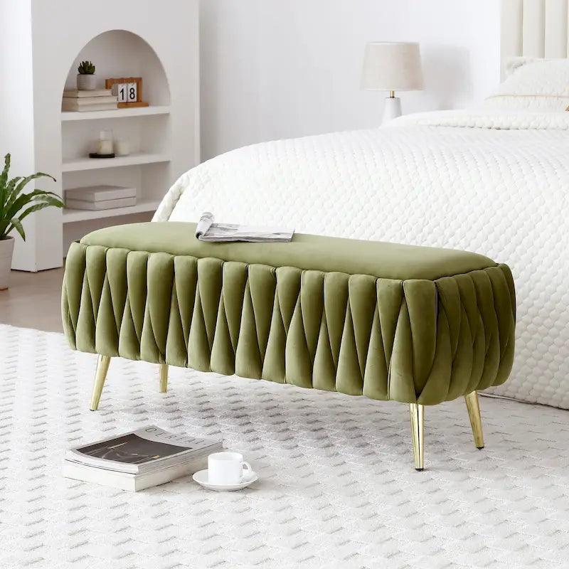 Oval Storage Bench with Gold Legs, Upholstered Ottoman Storage Bench for Bedroom End of Bed