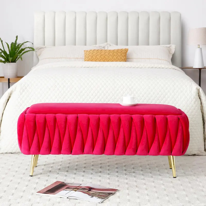 Oval Storage Bench with Gold Legs, Upholstered Ottoman Storage Bench for Bedroom End of Bed