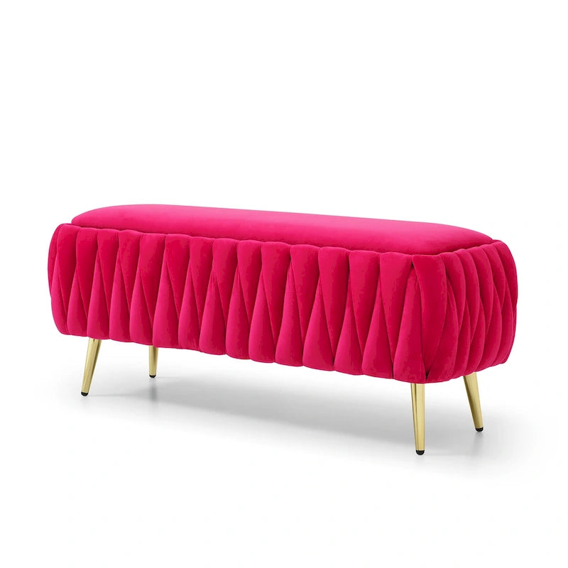 Oval Storage Bench with Gold Legs, Upholstered Ottoman Storage Bench for Bedroom End of Bed