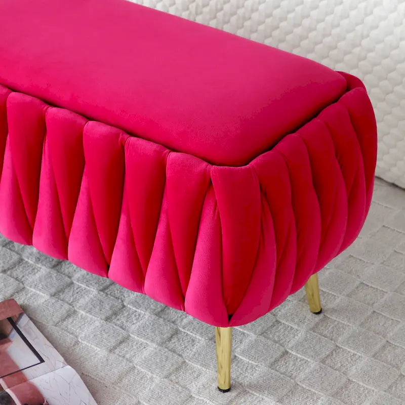 Oval Storage Bench with Gold Legs, Upholstered Ottoman Storage Bench for Bedroom End of Bed