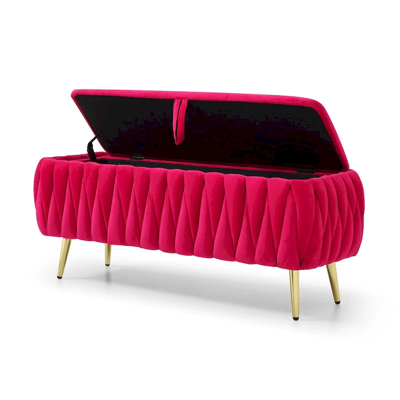 Oval Storage Bench with Gold Legs, Upholstered Ottoman Storage Bench for Bedroom End of Bed
