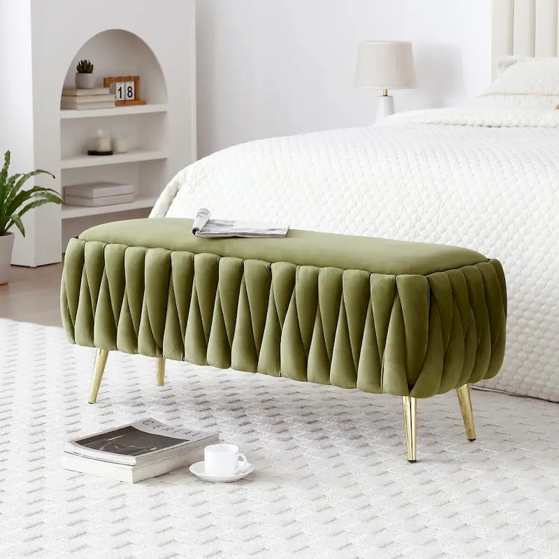 Oval Storage Bench with Gold Legs, Upholstered Ottoman Storage Bench for Bedroom End of Bed
