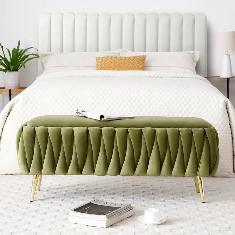 Oval Storage Bench with Gold Legs, Upholstered Ottoman Storage Bench for Bedroom End of Bed
