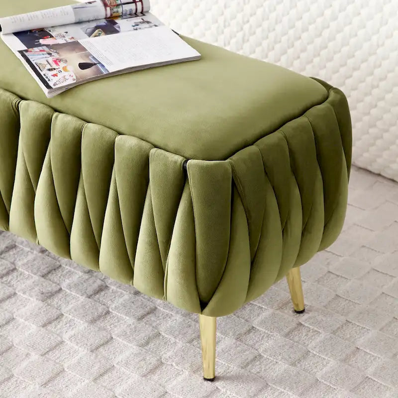 Oval Storage Bench with Gold Legs, Upholstered Ottoman Storage Bench for Bedroom End of Bed