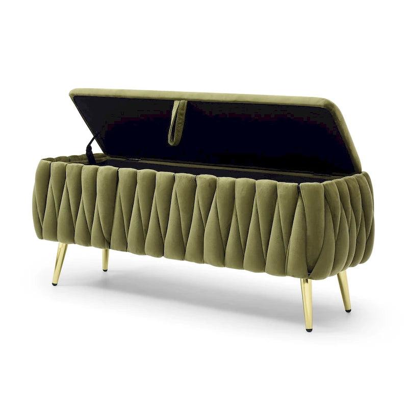 Oval Storage Bench with Gold Legs, Upholstered Ottoman Storage Bench for Bedroom End of Bed