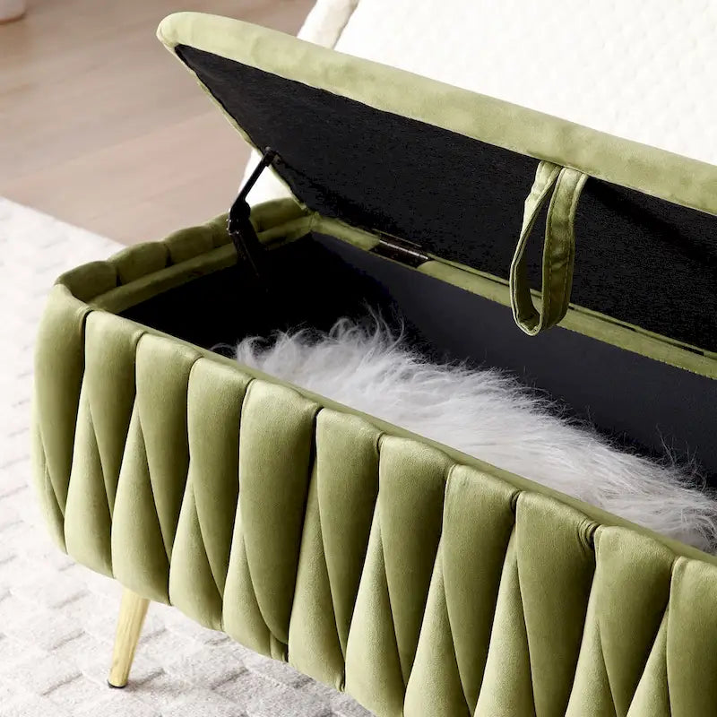 Oval Storage Bench with Gold Legs, Upholstered Ottoman Storage Bench for Bedroom End of Bed