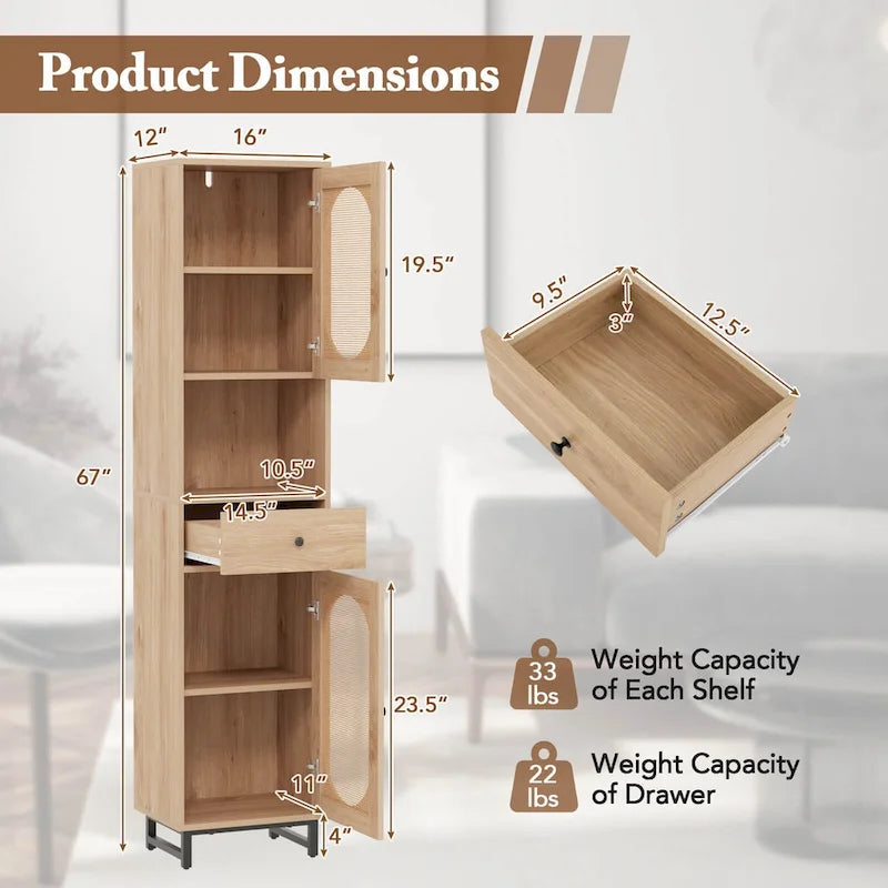 67" Tall Bathroom Cabinet with 2 Doors & Open Compartment