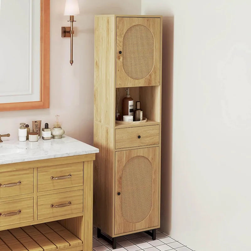 67" Tall Bathroom Cabinet with 2 Doors & Open Compartment