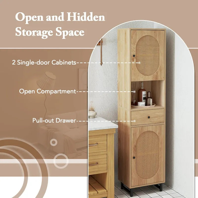 67" Tall Bathroom Cabinet with 2 Doors & Open Compartment