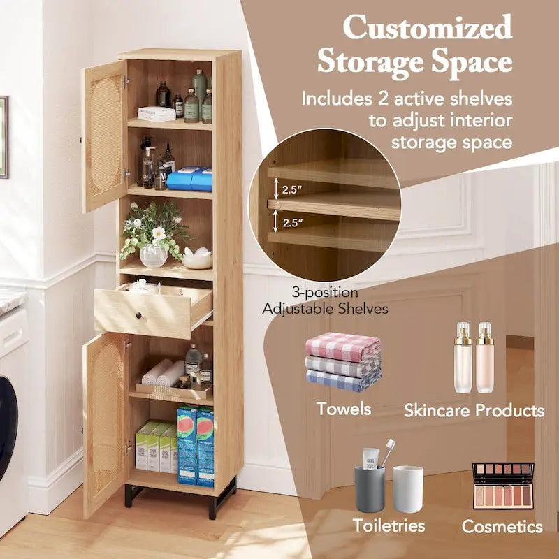 67" Tall Bathroom Cabinet with 2 Doors & Open Compartment