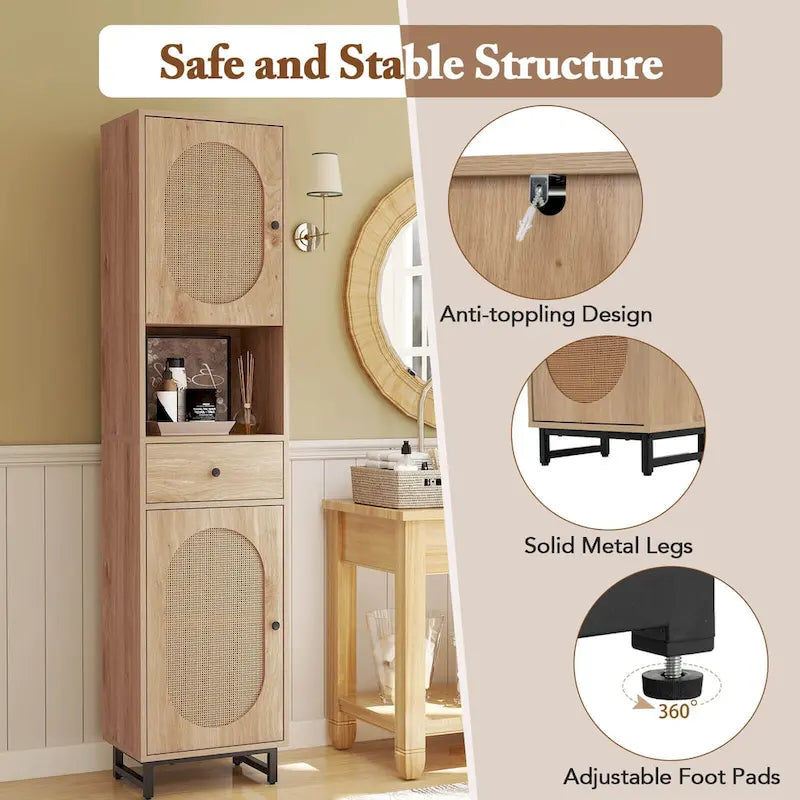 67" Tall Bathroom Cabinet with 2 Doors & Open Compartment