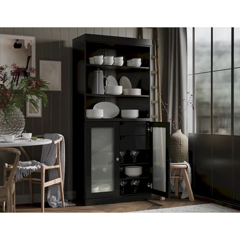 100% Solid Wood Pantry Cabinet with Frosted Glass Doors, 2 Drawers and Adjustable Shelves - 32 x 71.5