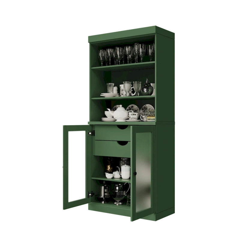 100% Solid Wood Pantry Cabinet with Frosted Glass Doors, 2 Drawers and Adjustable Shelves - 32 x 71.5