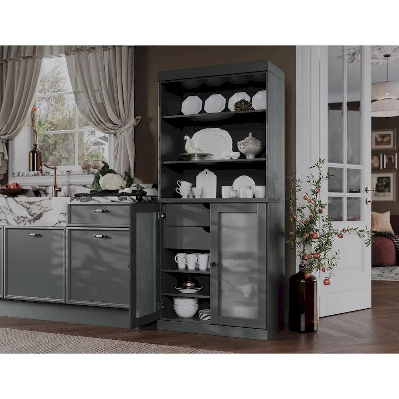 100% Solid Wood Pantry Cabinet with Frosted Glass Doors, 2 Drawers and Adjustable Shelves - 32 x 71.5