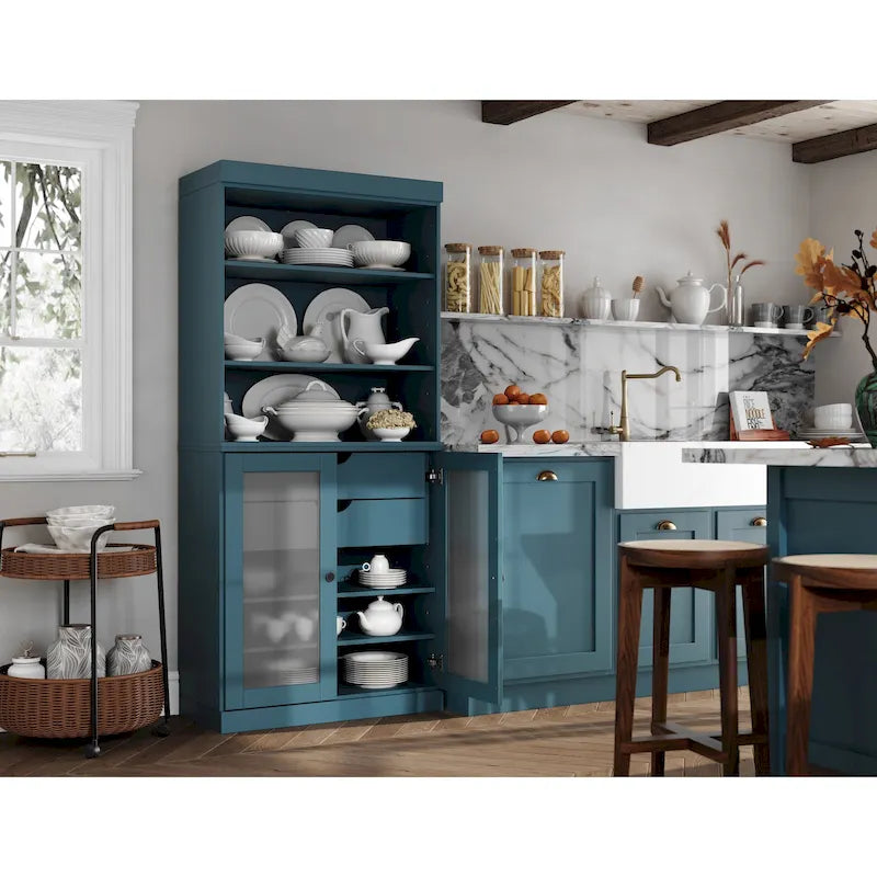 100% Solid Wood Pantry Cabinet with Frosted Glass Doors, 2 Drawers and Adjustable Shelves - 32 x 71.5