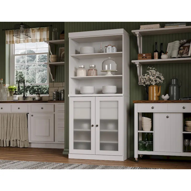 100% Solid Wood Pantry Cabinet with Frosted Glass Doors, 2 Drawers and Adjustable Shelves - 32 x 71.5