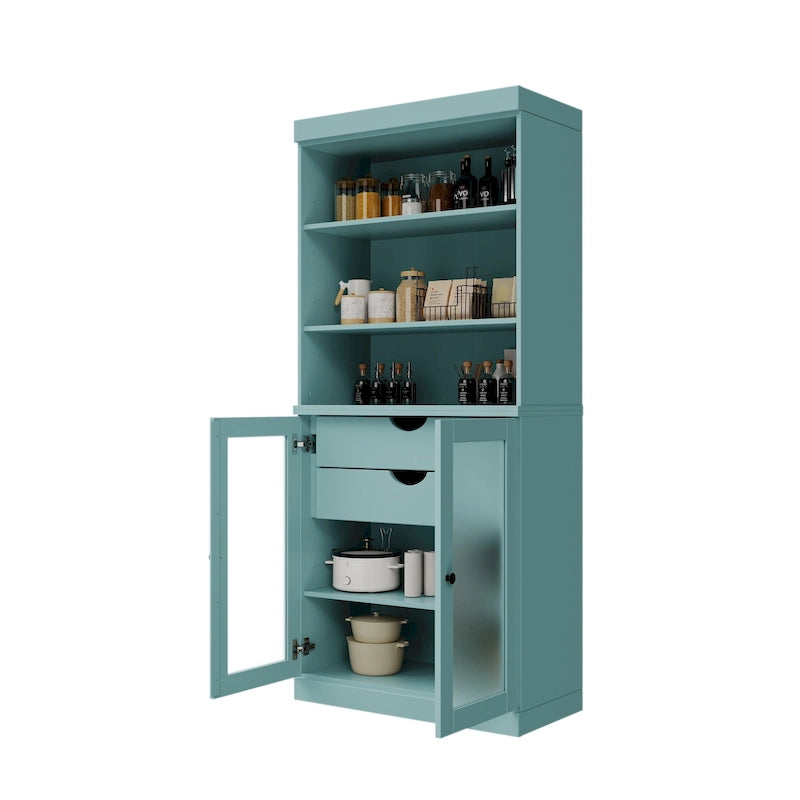 100% Solid Wood Pantry Cabinet with Frosted Glass Doors, 2 Drawers and Adjustable Shelves - 32 x 71.5