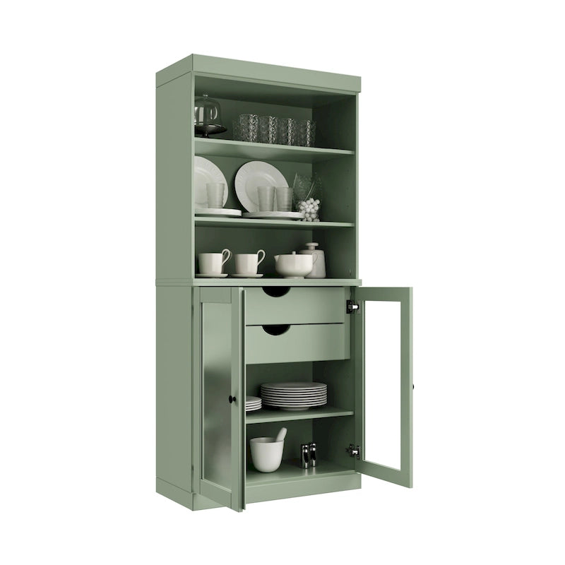 100% Solid Wood Pantry Cabinet with Frosted Glass Doors, 2 Drawers and Adjustable Shelves - 32 x 71.5