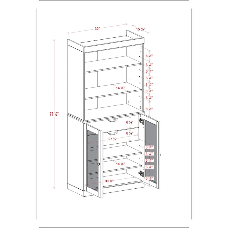 100% Solid Wood Pantry Cabinet with Frosted Glass Doors, 2 Drawers and Adjustable Shelves - 32 x 71.5