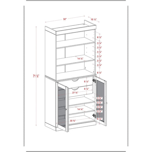 100% Solid Wood Pantry Cabinet with Frosted Glass Doors, 2 Drawers and Adjustable Shelves - 32 x 71.5