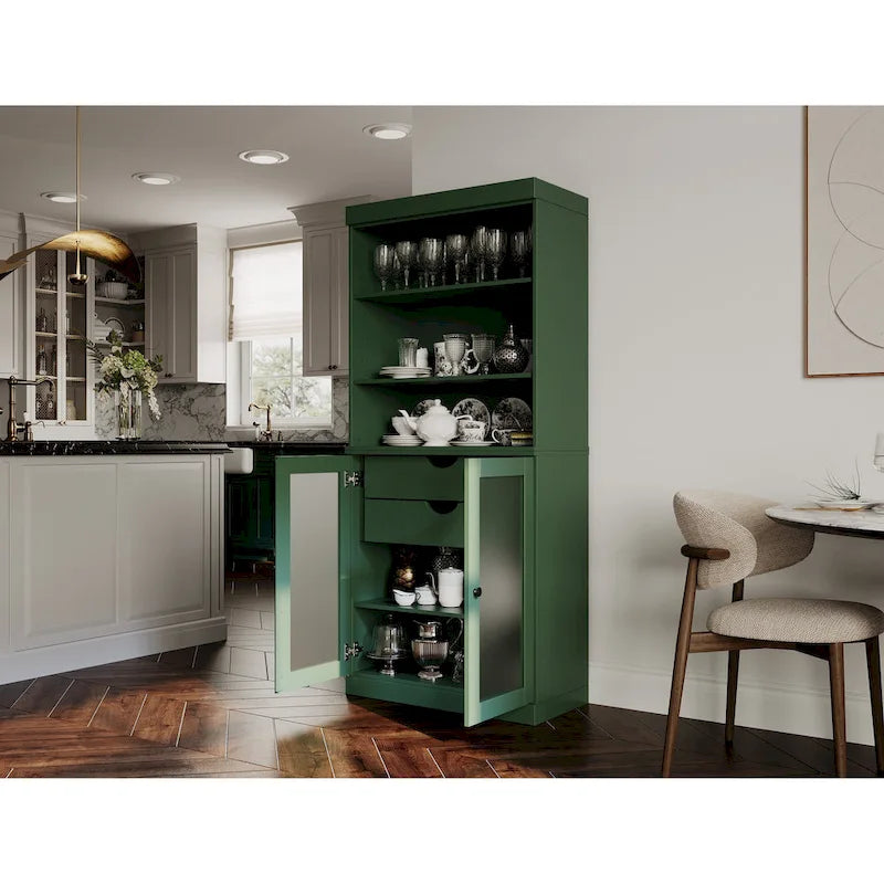 100% Solid Wood Pantry Cabinet with Frosted Glass Doors, 2 Drawers and Adjustable Shelves - 32 x 71.5