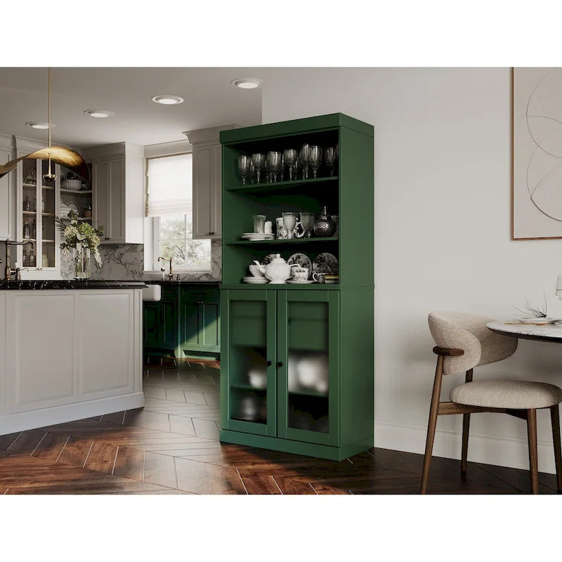 100% Solid Wood Pantry Cabinet with Frosted Glass Doors, 2 Drawers and Adjustable Shelves - 32 x 71.5