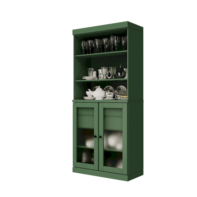 100% Solid Wood Pantry Cabinet with Frosted Glass Doors, 2 Drawers and Adjustable Shelves - 32 x 71.5