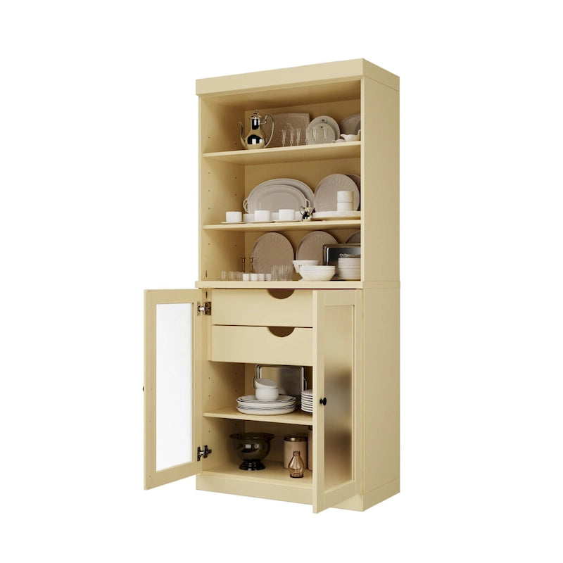 100% Solid Wood Pantry Cabinet with Frosted Glass Doors, 2 Drawers and Adjustable Shelves - 32 x 71.5