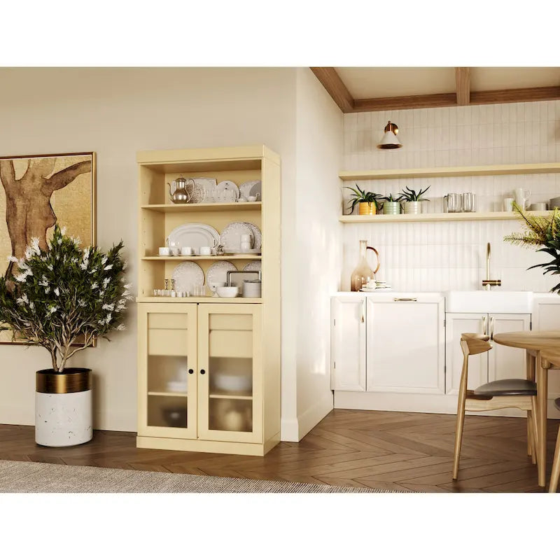 100% Solid Wood Pantry Cabinet with Frosted Glass Doors, 2 Drawers and Adjustable Shelves - 32 x 71.5