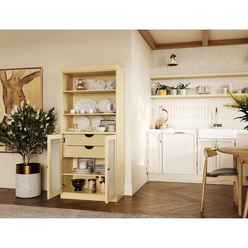 100% Solid Wood Pantry Cabinet with Frosted Glass Doors, 2 Drawers and Adjustable Shelves - 32 x 71.5