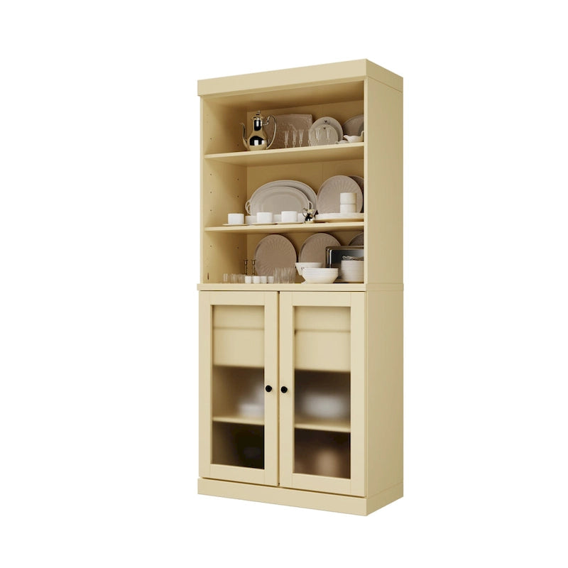100% Solid Wood Pantry Cabinet with Frosted Glass Doors, 2 Drawers and Adjustable Shelves - 32 x 71.5