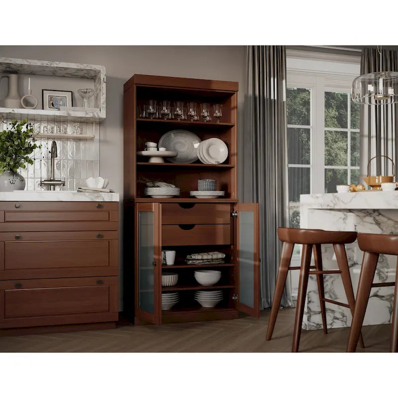100% Solid Wood Pantry Cabinet with Frosted Glass Doors, 2 Drawers and Adjustable Shelves - 32 x 71.5
