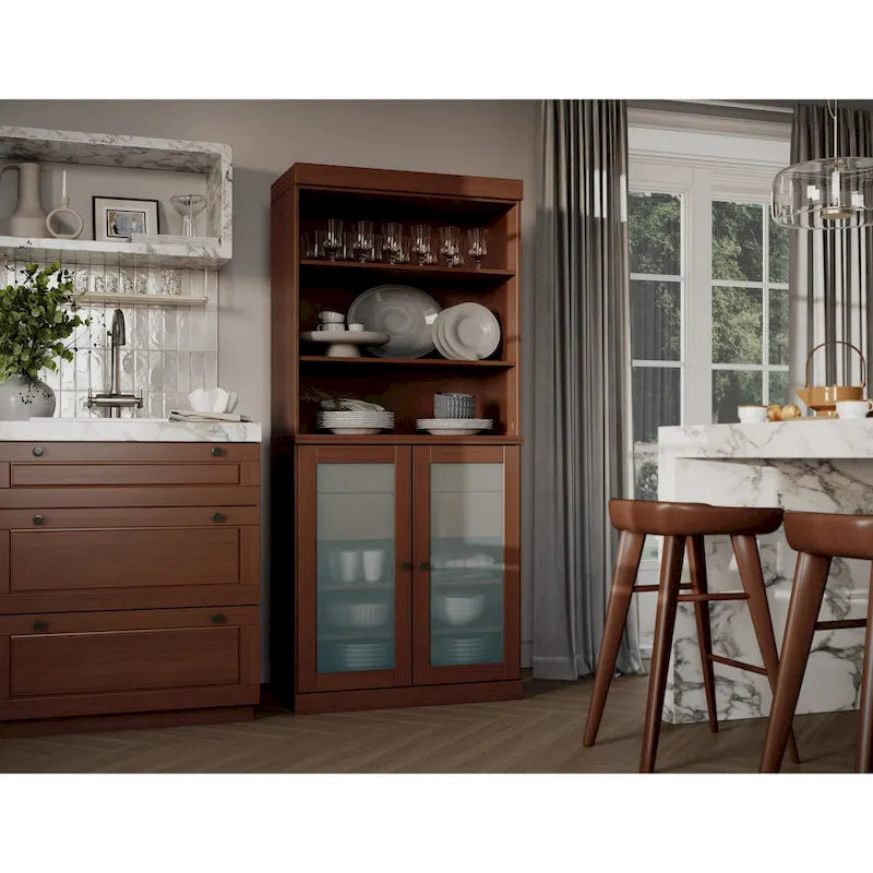 100% Solid Wood Pantry Cabinet with Frosted Glass Doors, 2 Drawers and Adjustable Shelves - 32 x 71.5