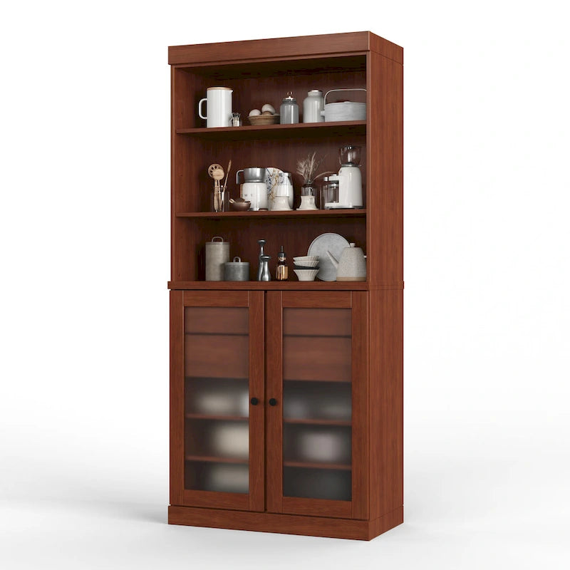 100% Solid Wood Pantry Cabinet with Frosted Glass Doors, 2 Drawers and Adjustable Shelves - 32 x 71.5