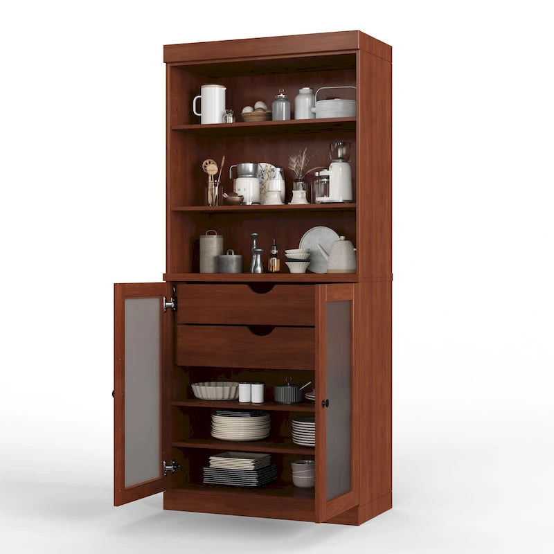 100% Solid Wood Pantry Cabinet with Frosted Glass Doors, 2 Drawers and Adjustable Shelves - 32 x 71.5
