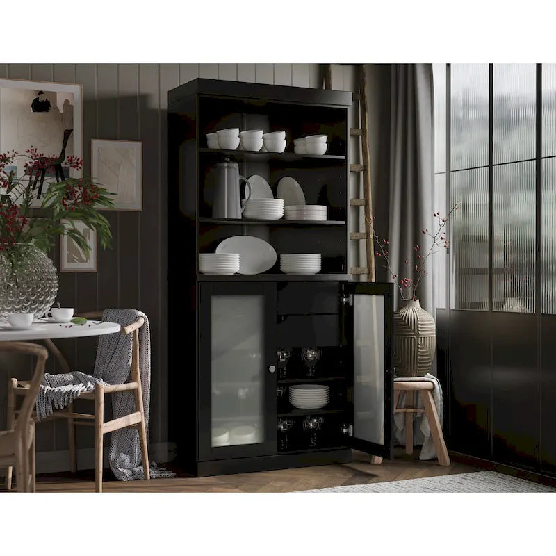 100% Solid Wood Pantry Cabinet with Frosted Glass Doors, 2 Drawers and Adjustable Shelves - 32 x 71.5