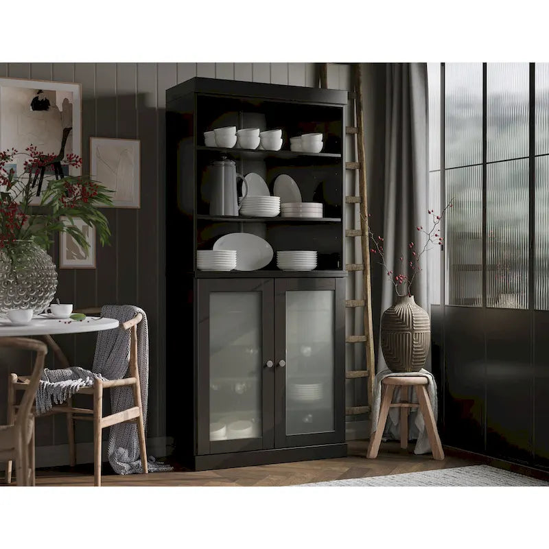 100% Solid Wood Pantry Cabinet with Frosted Glass Doors, 2 Drawers and Adjustable Shelves - 32 x 71.5