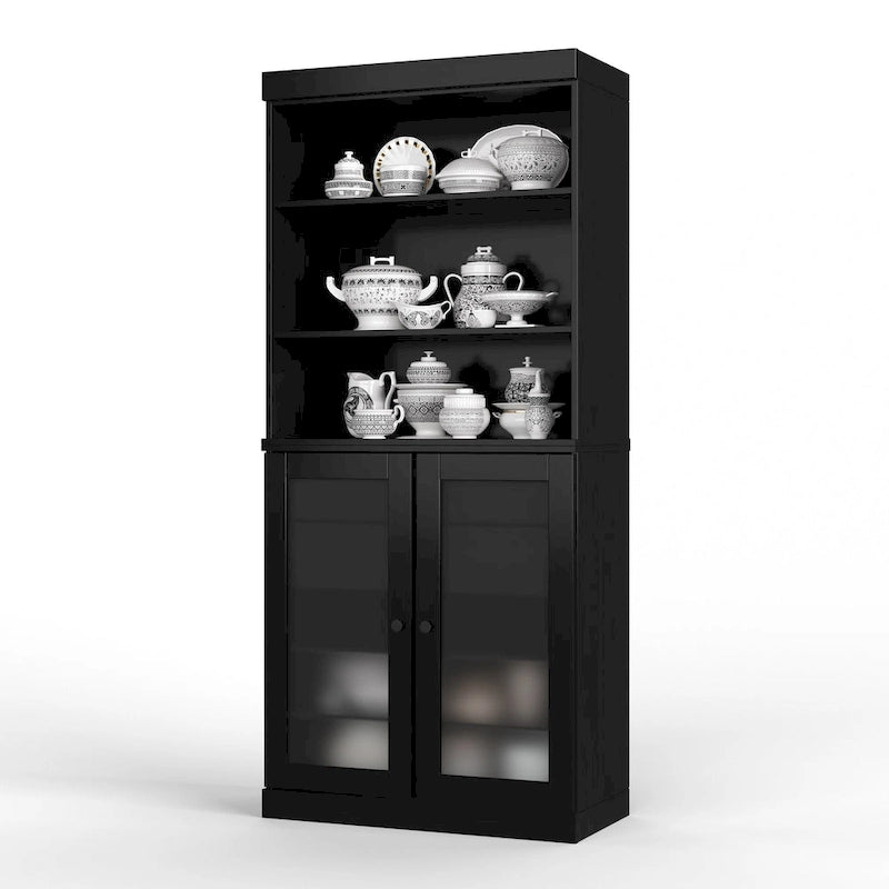 100% Solid Wood Pantry Cabinet with Frosted Glass Doors, 2 Drawers and Adjustable Shelves - 32 x 71.5