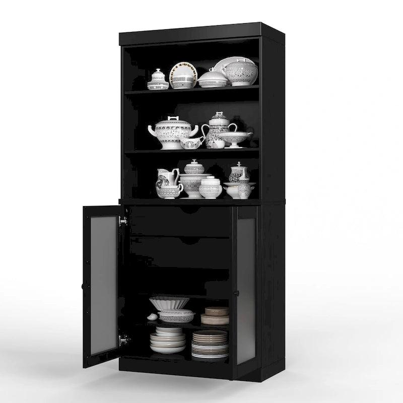 100% Solid Wood Pantry Cabinet with Frosted Glass Doors, 2 Drawers and Adjustable Shelves - 32 x 71.5