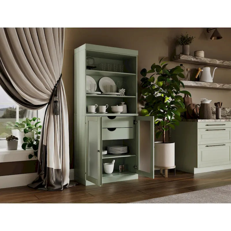 100% Solid Wood Pantry Cabinet with Frosted Glass Doors, 2 Drawers and Adjustable Shelves - 32 x 71.5
