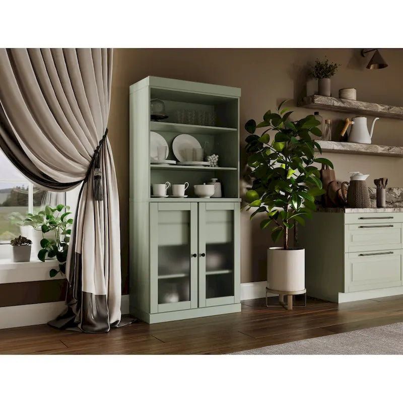 100% Solid Wood Pantry Cabinet with Frosted Glass Doors, 2 Drawers and Adjustable Shelves - 32 x 71.5