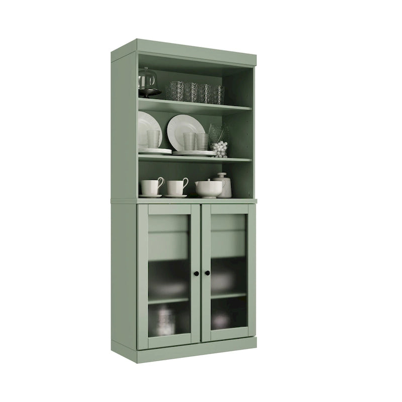 100% Solid Wood Pantry Cabinet with Frosted Glass Doors, 2 Drawers and Adjustable Shelves - 32 x 71.5