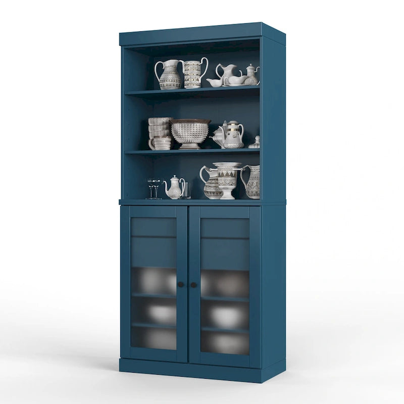 100% Solid Wood Pantry Cabinet with Frosted Glass Doors, 2 Drawers and Adjustable Shelves - 32 x 71.5