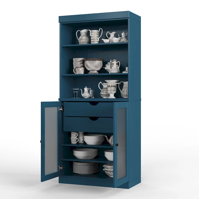 100% Solid Wood Pantry Cabinet with Frosted Glass Doors, 2 Drawers and Adjustable Shelves - 32 x 71.5
