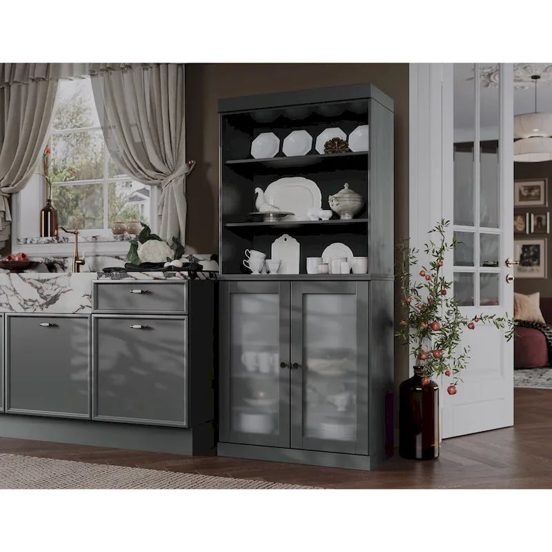 100% Solid Wood Pantry Cabinet with Frosted Glass Doors, 2 Drawers and Adjustable Shelves - 32 x 71.5
