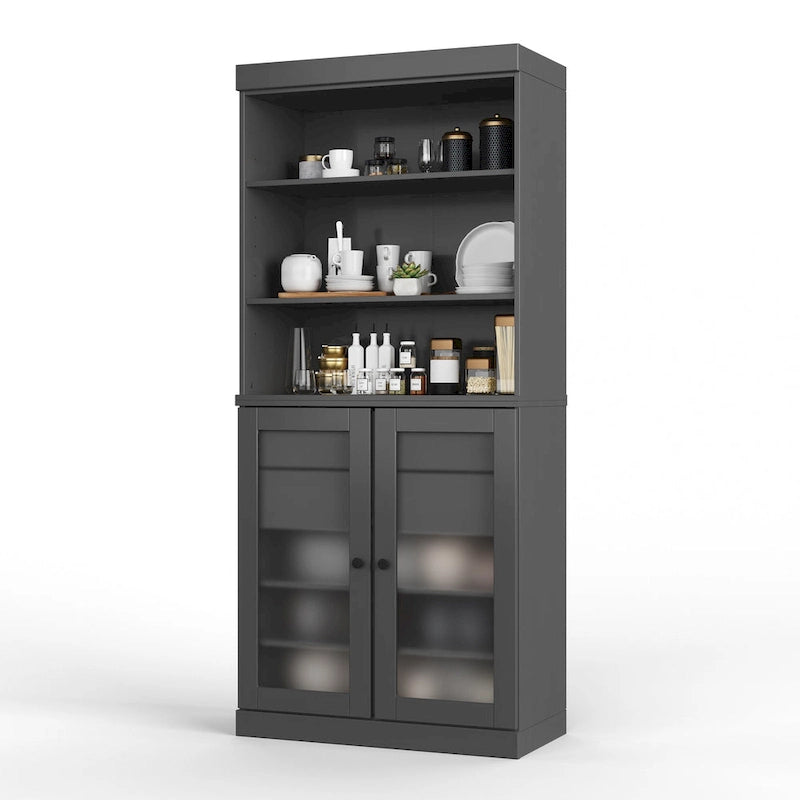 100% Solid Wood Pantry Cabinet with Frosted Glass Doors, 2 Drawers and Adjustable Shelves - 32 x 71.5